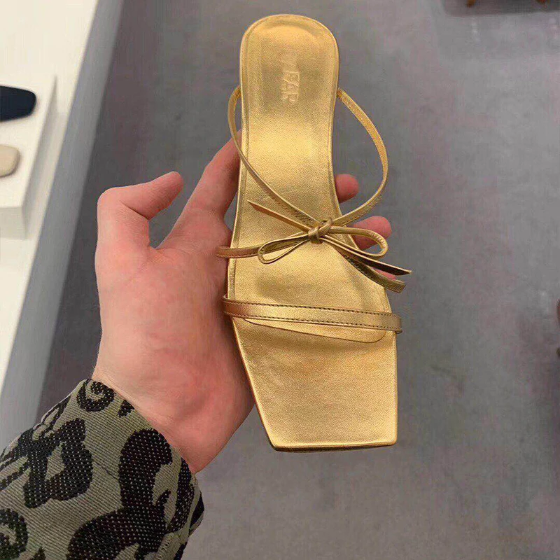 

Kitten with sandals 2019 summer thin band square head bow sandals stiletto heels retro sandals and slippers women gold