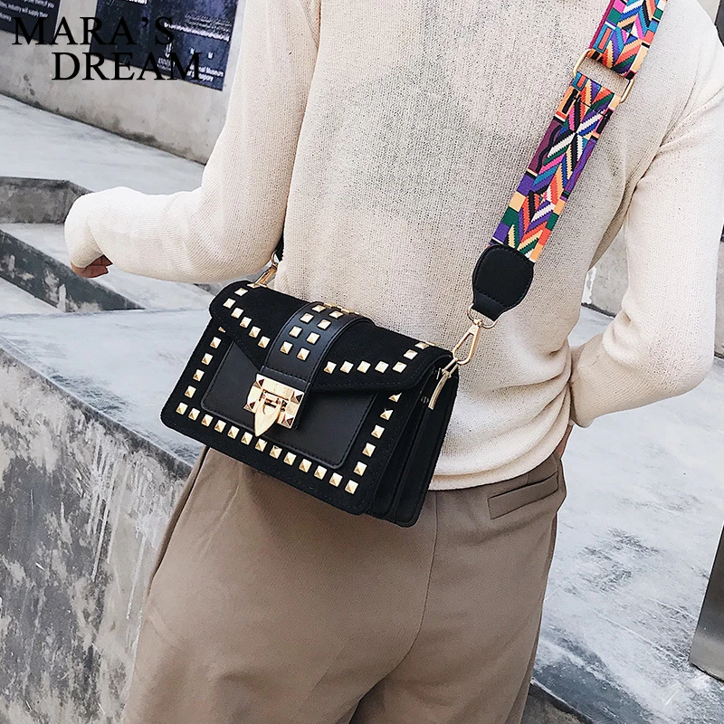 Mara's Dream Women Plap Bags Solid PU Leather Rivets Shoulder Bags Women Colorful Wide Shoulder Strip Handbags Crossbody Bags