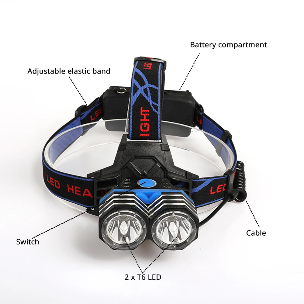 Светодиодный налобный фонарь 2 x T6 светодиодный водонепроницаемый светодиодный головной светильник 4 светильник ing режимов рыболовный светильник светодиодный светильник Отдых на природе налобный фонарь+ 2x18650 батарея