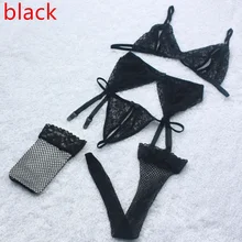 Женский бюстгальтер, набор, сексуальное нижнее белье, кружева, открытая промежность, стринги+ бюстгальтер+ сетчатые носки+ слинг, комплект нижнего белья