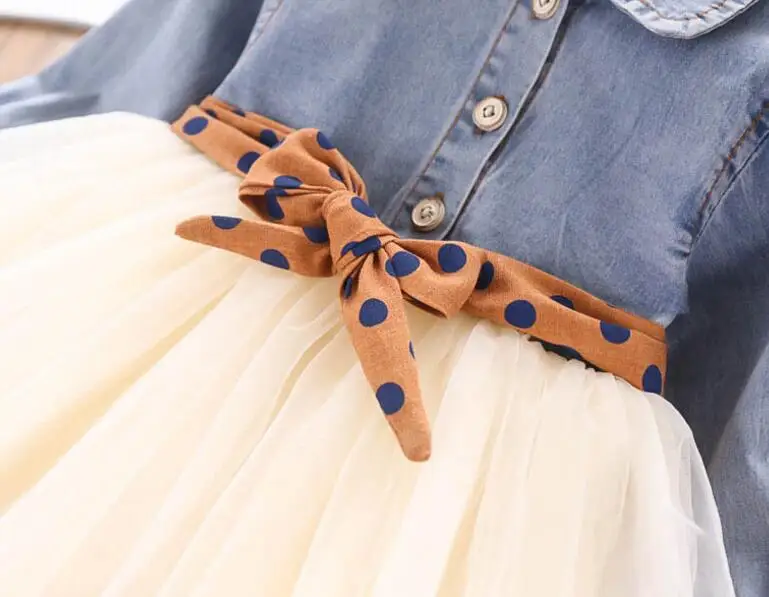 Autumn Girl Denim Dresses Cotton Tulle Kids Long Sleeve Dress Sweet Girls Princess Dress Baby Clothes Wholesale