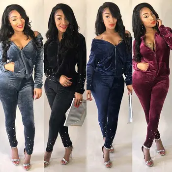 

Wjustforu Hooded Velvet Two Piece Set Women Fashion Casual Tracksuit Female New Winter Beading Elegant Two Piece Set Vestido