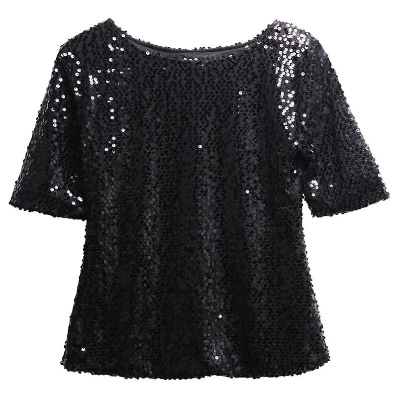Летняя новая женская мода наклонное плечо блестки тонкая рубашка Повседневные Топы Блузка - Цвет: Черный