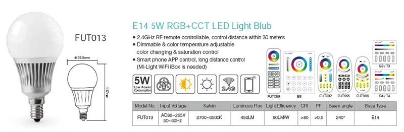 Ми. light 2.4 г rf Дистанционное управление E14 5 Вт светодиодные лампы RGB + CCT rgbww AC86-265V свет 8 Zone Remote