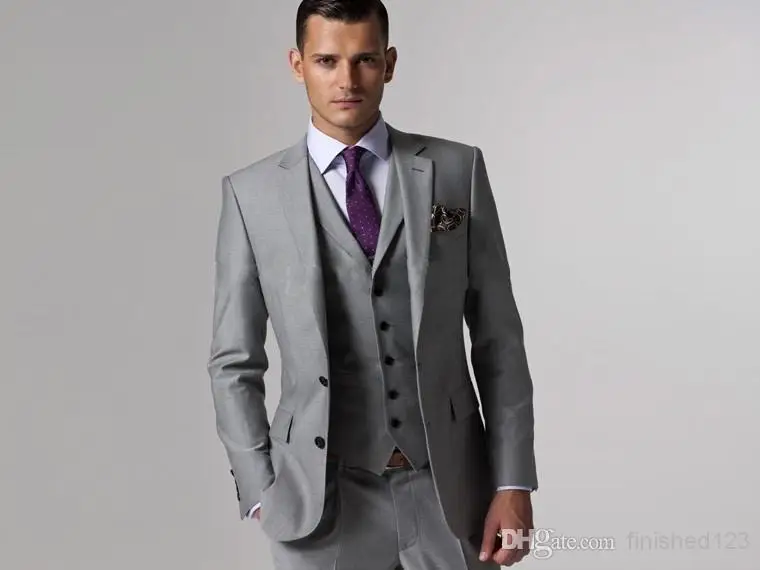 Custom Design Slim Fit Side Slit Light Gray Two Buttons Notch Lapel Groom Tuxedos Men Suits Man Business Suit Jacket+Pants+Tie+Vest AA:02