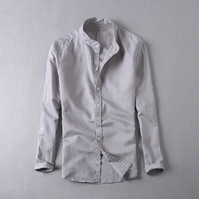 Китайский стиль мужские модные льняные рубашки Slim Fit китайский воротник Мандарин мягкая рубашка из пеньки классическая белая одежда с длинным рукавом XXXL - Цвет: Серый