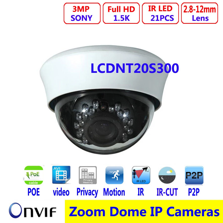 

3MP IR Dome Camera 1/2.8" SONY Vandalproof 2.8-12mm Zoom with IR-cut POE P2P remote Privacy mask etc.