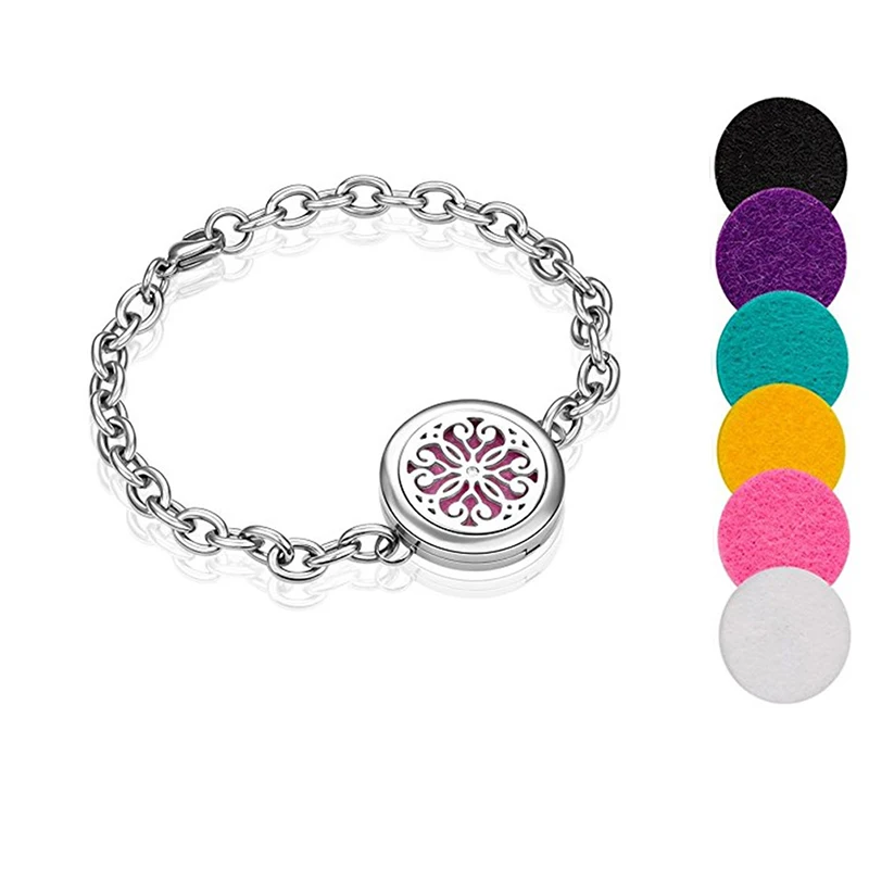 

Essential Oil Diffuser Bracelet, Stainless Steel Perfume Locket Fragrance Jewelry with Free Pads Chrysanthemum Flower Pattern