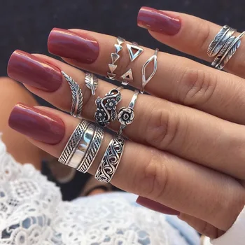 

WLP 3-14 pcs /set Fashion Leaf flower triangle geometric Stone Midi Ring Sets Vintage Crystal Knuckle Rings For Women Punk rings