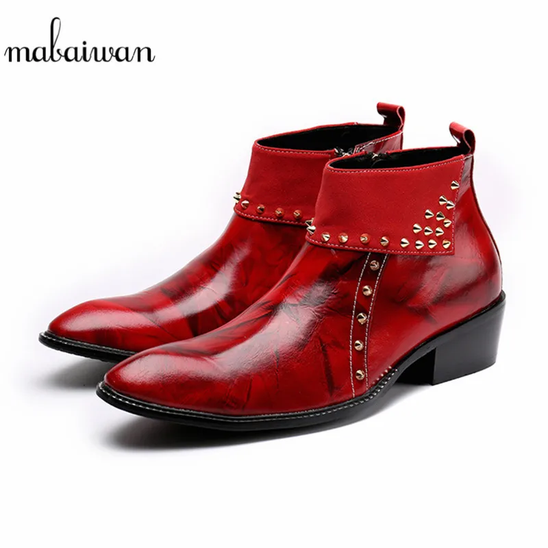 Mabaiwan Red Leather Men Shoes Autumn Winter Ankle Boots Slipper Zipper Pointed Toe Dress Shoes Men Rivet Military Cowboy Boots цена Mabaiwan Red Leather Men Shoes Autumn Winter Ankle Boots Slipper Zipper Pointed Toe Dress Shoes Men Rivet Military Cowboy Boots цены онлайн