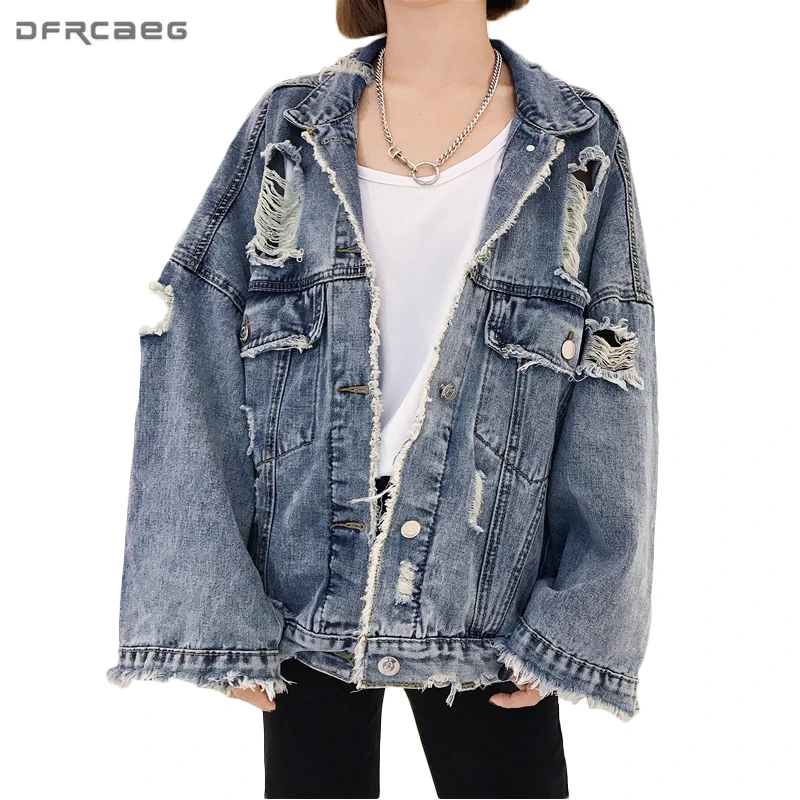 Buy Harajuku Oversized Denim Jacket Women Ripped Burrs