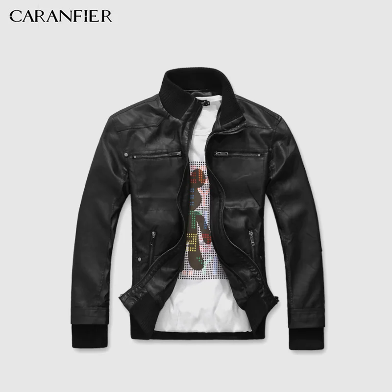 Мужские кожаные куртки CARANFIER зимние теплые пальто с отложным воротником и