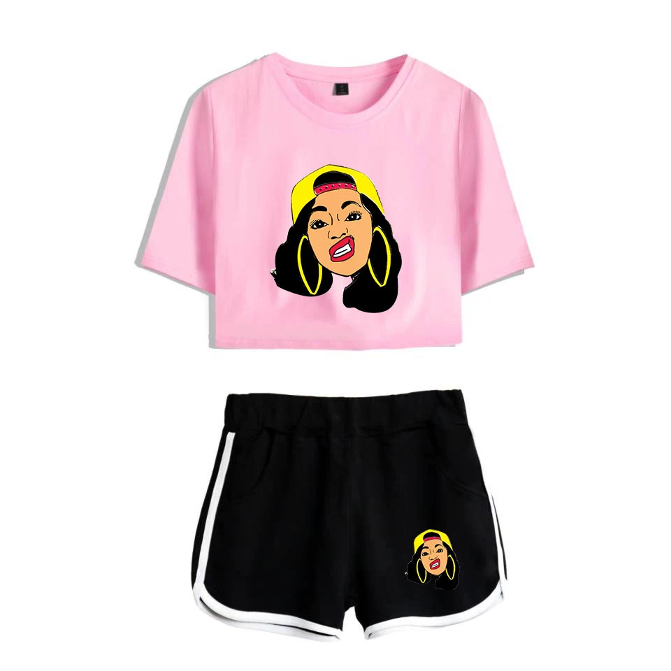 Rapper Cardi B принт для женщин комплект из двух предметов и короткие штаны летняя девушка пупка футболка студент хлопок высокое качество костюм