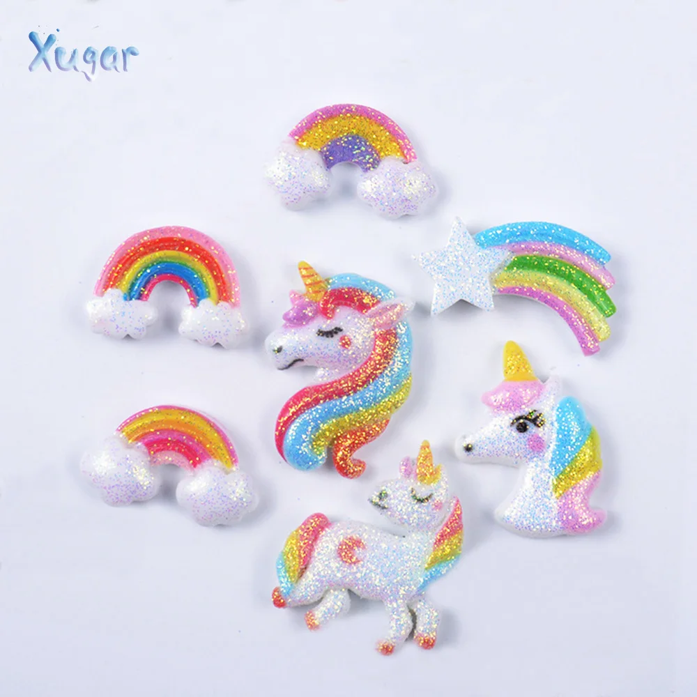 

Xugar 10pcs New Unicorn Resin Glitter Accessories Flat Back Resin For Handmade Materials Cabochons DIY Crafts Resin Decorations