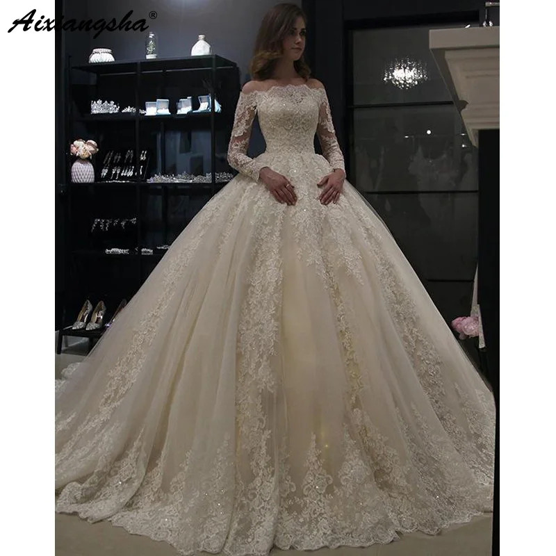 Vestido De Noiva мусульманское свадебное платье бальное платье без бретелек с длинным рукавом Кружевное Дубай арабское свадебное платье цвета слоновой кости платье невесты