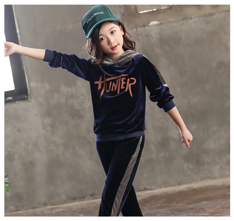 spring girls clothing sets kids girls clothes gold velvet two-piece suit children sport suit for girls (5)