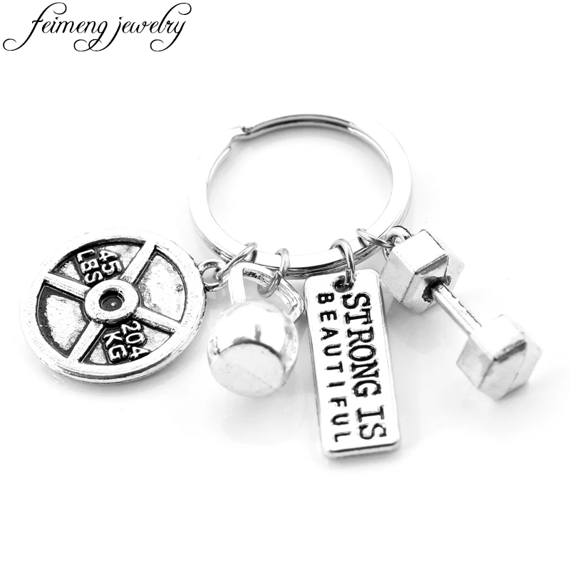

feimeng jewelry Strong Is Beautiful Bodybuilding Key Chain Sports Faith Strength Dumbbell Kettle Bells Keychain For Men