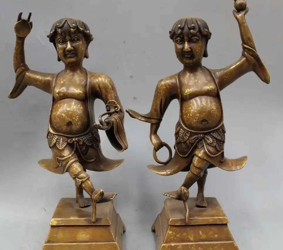 

12" China Chinese Folk Feng Shui Bronze Myth Heng Heng Two Buddha Statue