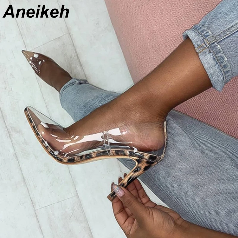 Aneikeh/ г. Новые женские туфли-лодочки пикантные вечерние туфли из прозрачного ПВХ на высоком каблуке с острым носком и леопардовым принтом женские туфли-лодочки на тонком каблуке размер 42