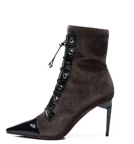

2018 new women brown pointed toe high heel short boots Spring and autumn lace-up spike heel ankle boots Ladies'short boots