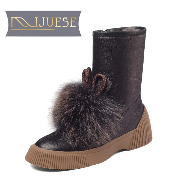 

MLJUESE 2019 women snow boots cow leather+Mane zippers round toe winter warm wool blend boots women ankle boots fashion boots