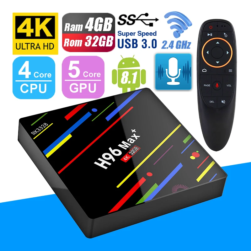 

H96 Max Plus Voice Remote Control Smart TV Box 4GB 32GB Android 8.1 2.4G Wifi Set Top Boxes 3D 4K Ultra HD USB 3.0 Media Player