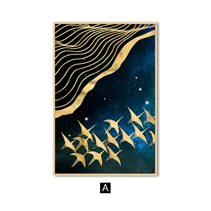 Абстрактная Луна настенная живопись на холсте золотые Горные Птицы скандинавские плакаты и принты настенные картины для гостиной домашний декор - Цвет: A