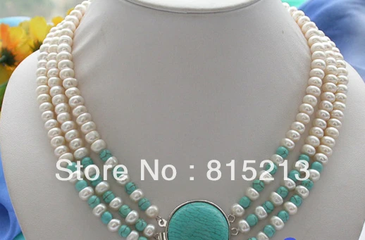 

FREE SHIPPING>>>@@ > N758 3row 7-8mm white freshwater pearl blue turquoise necklace