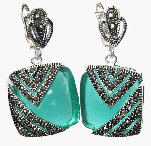 

Natural Green Opal Cat Eye Stone 925 Silver & Marcasite Earrings 1"