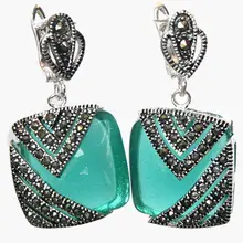 Натуральный зеленый опал кошачий глаз камень 925 серебро и Марказит Серьги 1"