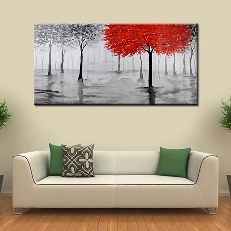 

Hand Painted Abstract Landscape Oil Paintings on Canvas Modern Home Decorativos Wall Art Pictures Large Red Tree Scene Painting