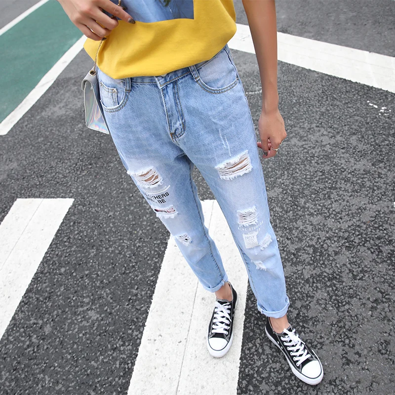 

Loyalget Streetwear Ripped hole jeans female Casual pocket pencil jean pants Summer Autumn Mid waist jean women bottom Trousers
