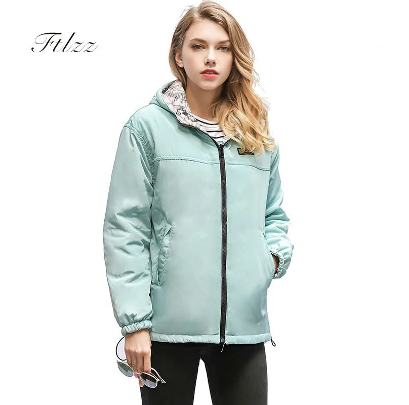 

2018 New Women Autumn Winter Parkas Mujer Slim Long Sleeved Hooded Two Sides Coat Female Casual Korea Cute Cartoon Print Jacket
