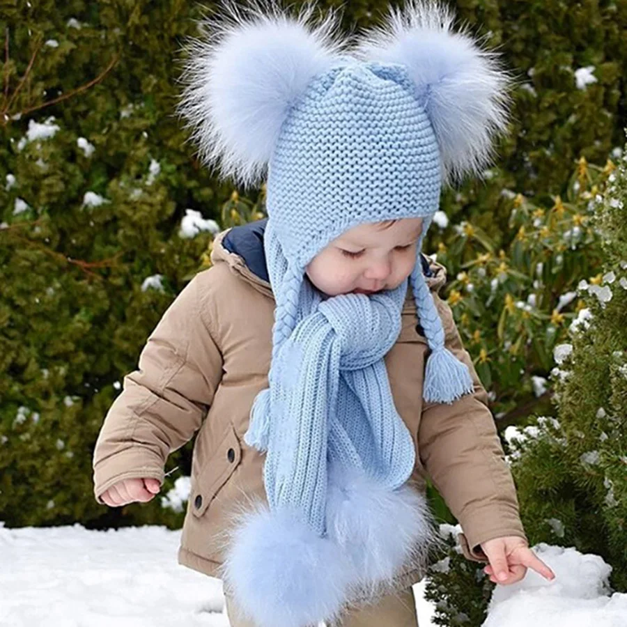 Настоящий бини с помпоном, детская шапочка, Теплая Зимняя кепка, детские вязаные защитные шапки с ушками, натуральная вязаная шапка из меха енота, подвижные шапки для девочек