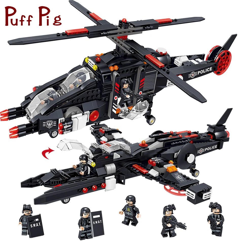 

577PCS Military Swat Team Helicopter Model City Police Guns Building Blocks Compatible Legoed Figures Bricks Toys For Children