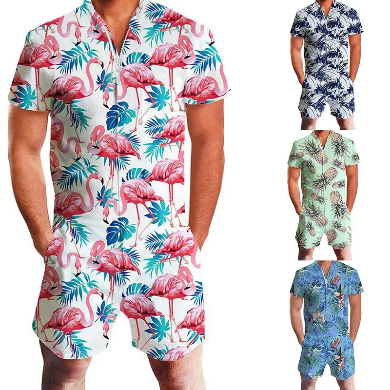 

Fashion Print Overalls Pants Zipper Fly One Piece Cargo Pants Men Casual V-Neck Short Sleeve Streetwear Knee Length Pants Men
