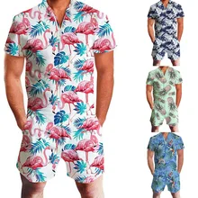 Fashion Print Overalls Pants Zipper Fly One Piece Cargo Pants Men Casual V-Neck Short Sleeve Streetwear Knee Length Pants Men