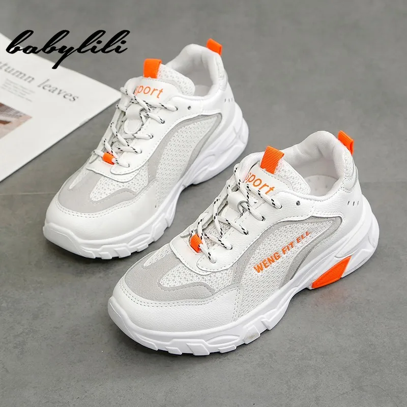 

2019 Shoes Women Fashion Sneakers Breathable Vulcanize Shoes For Women PU Mesh Shoe White Platform Lace-up Platform Sneakers