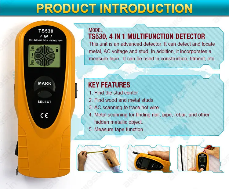 Все солнце TS530 4 в 1 супер детектор цифровой многофункциональный металлоискатель AC напряжение/шпилька прожектор и паз 2 м измерительная лента внутри