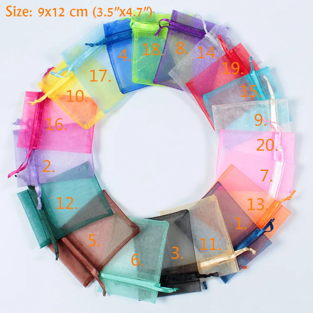 

100pcs/lot 9x12 cm Medium Size Organza Jewellery Pouch, Drawstring Gift Colored Pouch, Solid Color Gift Packaging Bags