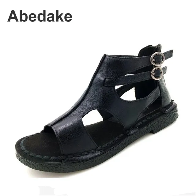 Abedake brand women sandals genuine leather handmade sandals woman shoes soft casual zip antiskid mather gladiator sandals