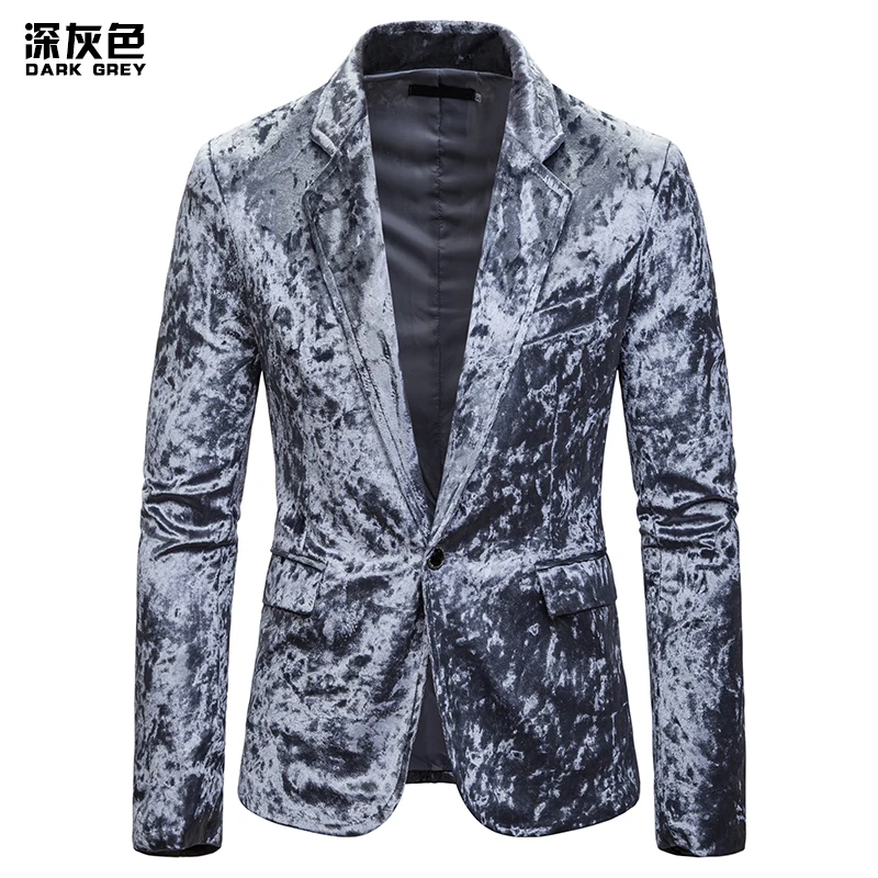 Fashion Men Casual Velvet Blazer Jacket Luxury Wedding Men Suit Jacket Slim Fit Bright Glossy Spring Autumn Outwear Coat - Цвет: gray1