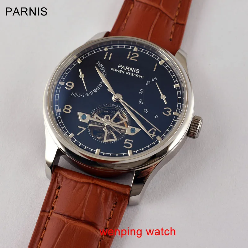 

Parnis Black Dial Silver steel hands stainless steel case Power Reserve 43mm automatic mens Watch E387