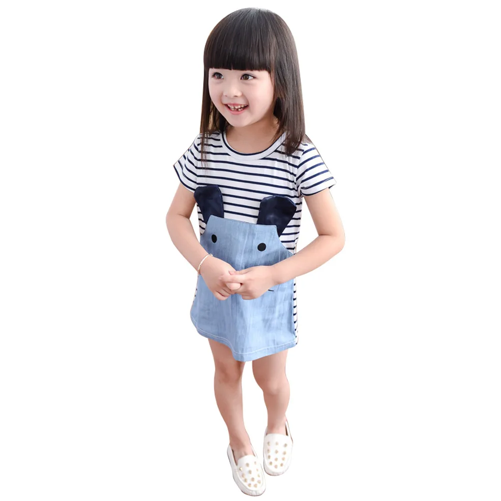 

Summer Striped Patchwork Character Girls Dress Cute Mouse Children Clothing Short Sleeve Denim Kids Clothes Dresses Vestidos