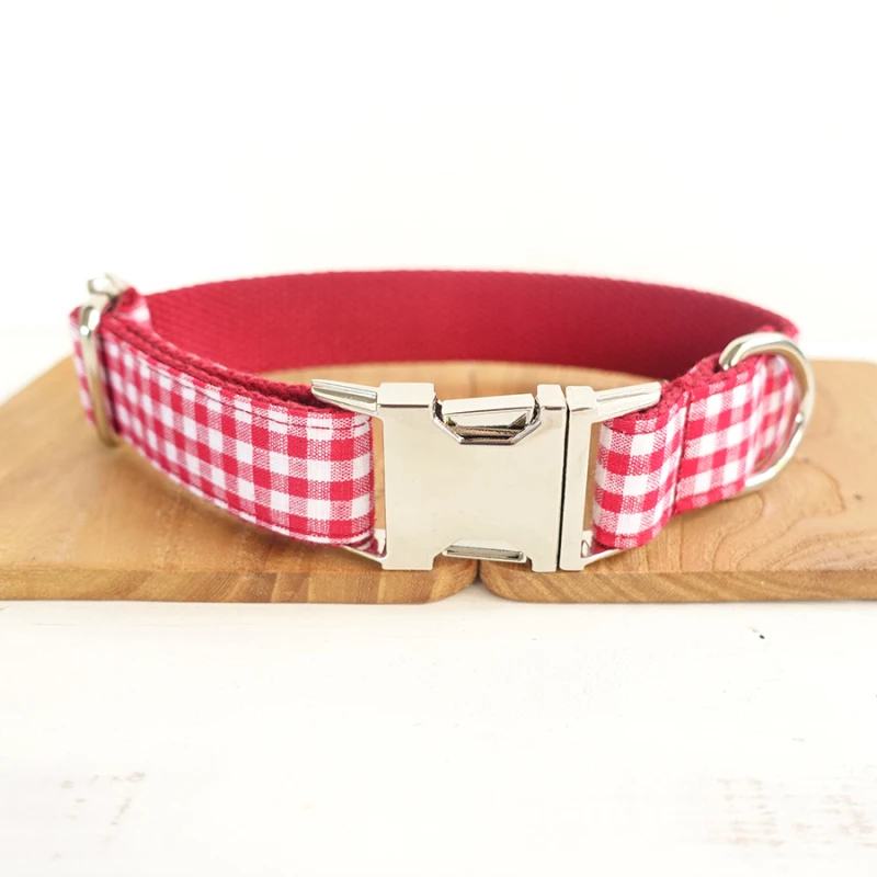 

Pet Collar Red Checked Cloth Necklace Plated Metal Buckle Flexible Dog Collar Leash Set Adjutable Buckle Pet Supplies 5 Zises