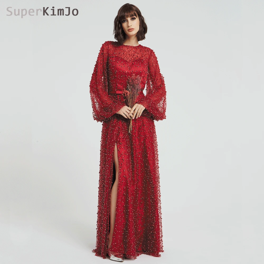 SuperKimJo бордовый выпускного платья Длинные Элегантные бисера Линия Flare рукавом платье с разрезом сбоку Vestido De Formatura Лонго