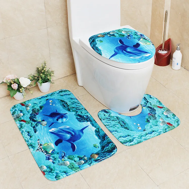 

Flannel Printing Thickening and Warm 3D Cartoon Bathroom Slip-proof Toilet Cushion Three-piece Set bathroom carpet bath mat