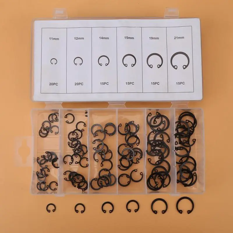 

100Pcs/Lot Snap C-clip Circlip Retaining Ring Circlips Assortment Kit with Box 11mm - 21mm 6 Sizes Snap Ring circlip