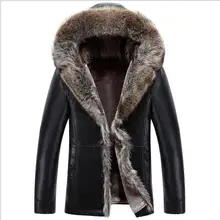 Новое поступление высокое качество с капюшоном мужской мех енота цельный кожаный мужской толстый теплый Верхняя одежда роскошный мужской размера плюс L-4XL