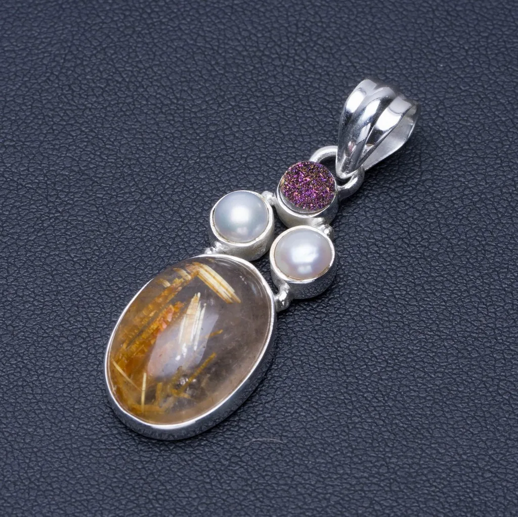 

Natural Rutilated Quartz, Druzy and River Pearl 925 Sterling Silver Pendant 1 3/4" Q0541